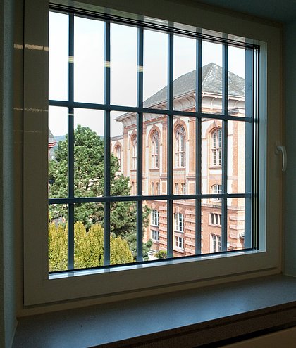 Blick durch ein vergittertes Fenster auf den Festsaal von Vitos Rheingau
